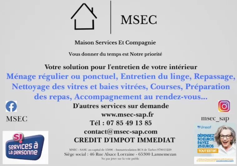 Aide-ménagère pour Service d'entretien à domicile avec crédit d'impôt immédiat à Barbazan Debat, Lannemezan, Maison Services et Compagnie