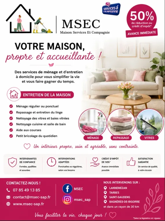 Femme de ménage à Lannemezan : profitez de 50% de crédit d'impôt immédiat, Lannemezan, Maison Services et Compagnie