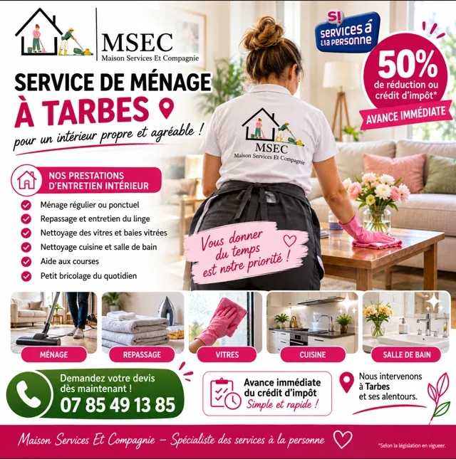 Femmes de ménage avec crédit d'impôt immédiat à Tarbes, Lannemezan, Maison Services et Compagnie