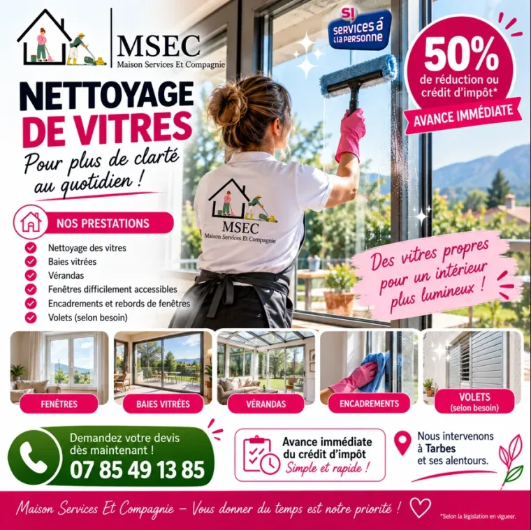 Nettoyage de baies vitrées à Tarbes, Lannemezan, Maison Services et Compagnie